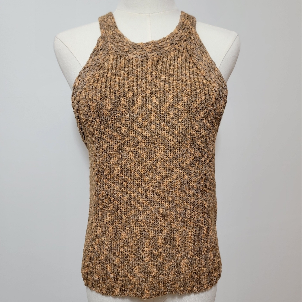 Marled Medium Boho Festival Knit High Neck Brown Neutral Tank Top - Picture 4 of 6